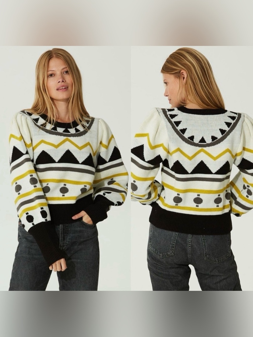 Geometric Crewneck Sweater in White, Black & Yellow - Womens